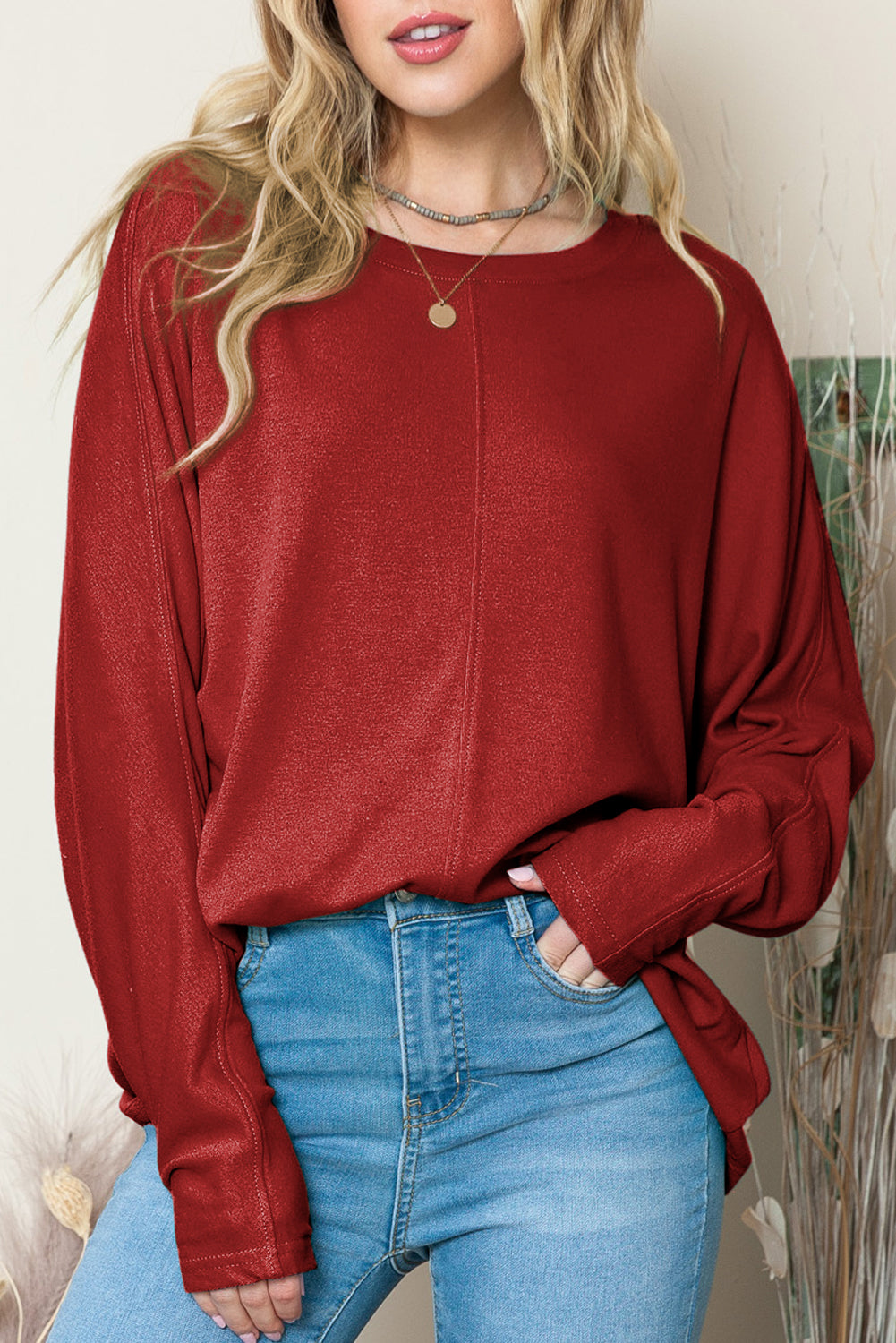 Red Basic Solid Color Seam Long Sleeve Top