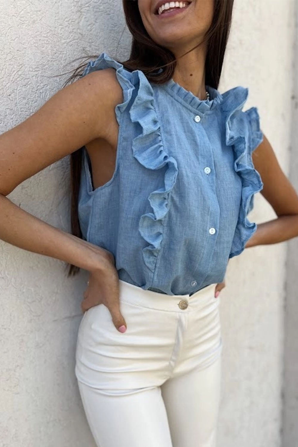 Light Blue Ruffle Trim Sleeveless Button Up Shirt