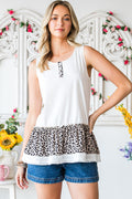 White and Cheetah Print Sleeveless Button Front Tank Top