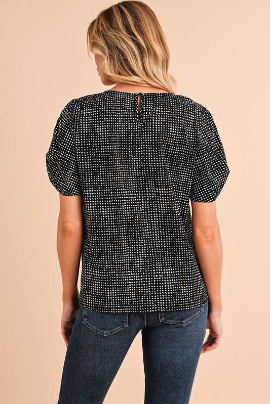 Black Dotted Puff Sleeve Round Neck Blouse