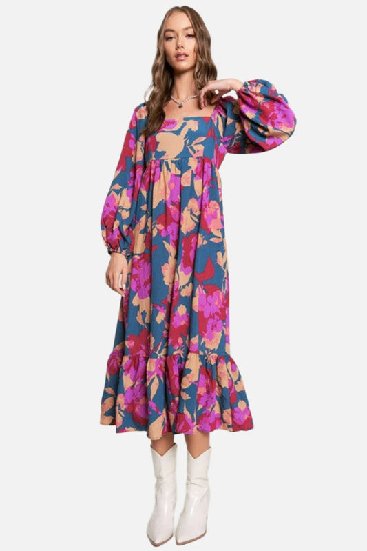 Multicolor Boho Floral Print Square Neck Ruffle Maxit Dress