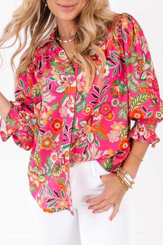 White Frilled Floral Print Puff Sleeve Mock Neck Blouse