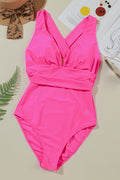 Rose Red Deep V Neck Crossover Backless Ruched High Cut Monokini