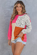 Rosy Leopard Patchwork Color Block Ribbed Long Sleeve Top