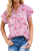 Multicolor Floral Button Notch Neck Ruffle Sleeve Blouse