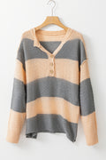 Khaki Colorblock Ribbed Contrast Trim Henley Sweater