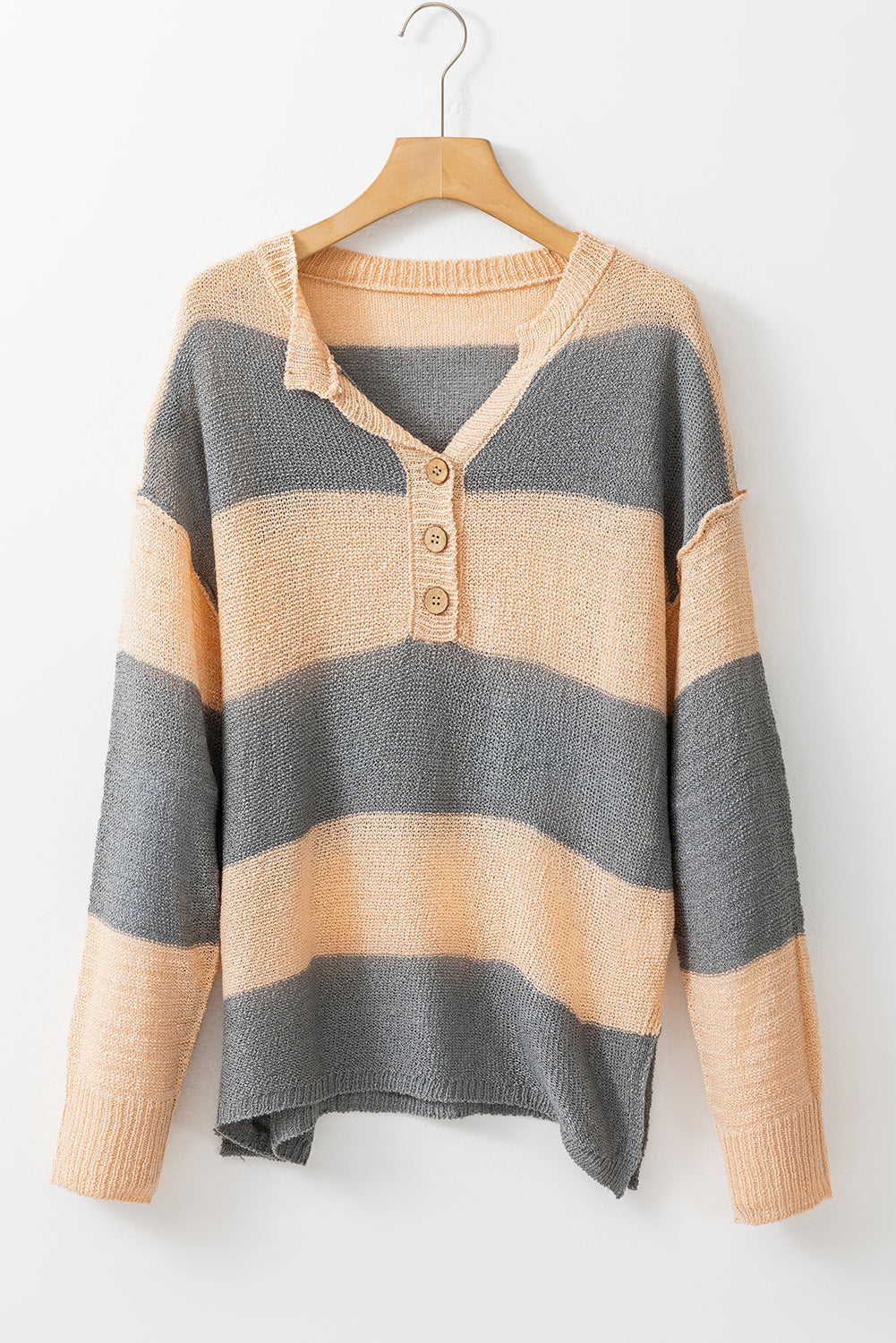 Khaki Colorblock Ribbed Contrast Trim Henley Sweater