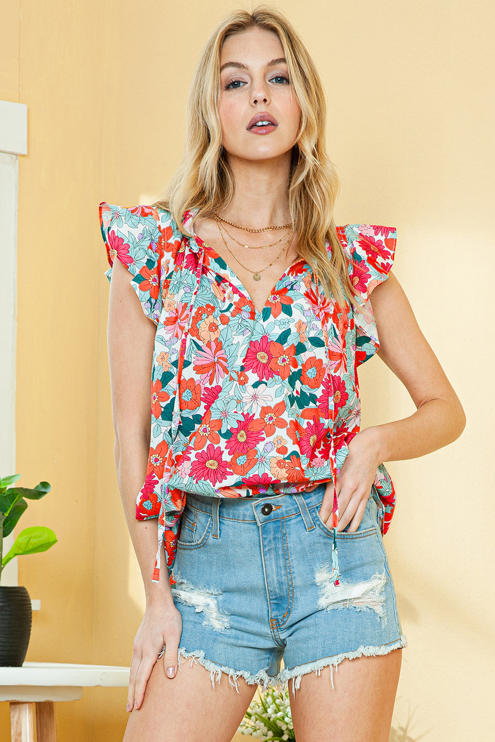 Rose Red Boho Floral Print Ruffle Tie V Neck Sleeveless Shirt