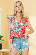 Rose Red Boho Floral Print Ruffle Tie V Neck Sleeveless Shirt