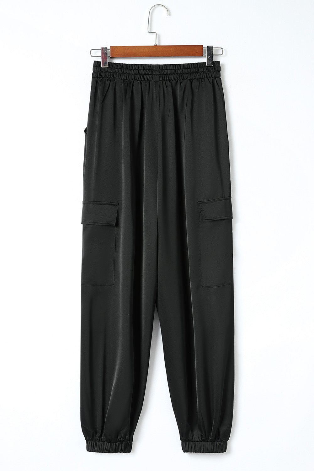 Black Satin Pocketed Drawstring Elastic Waist Pants