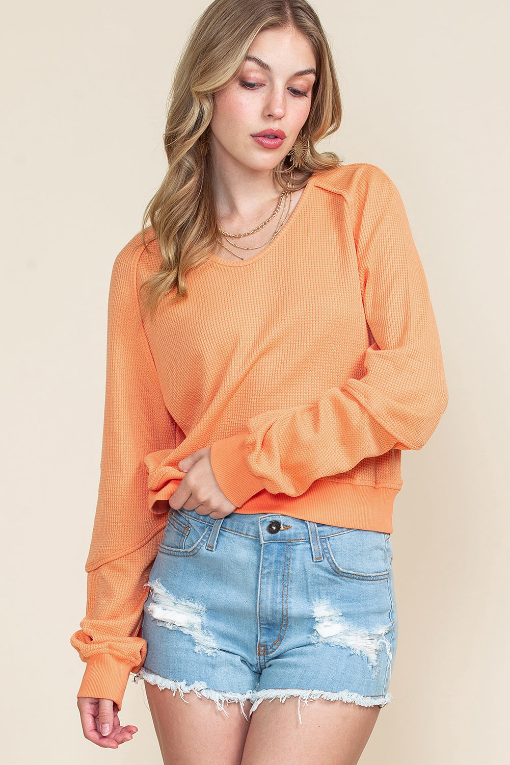 Orange Waffle Knit Exposed Seam Long Sleeve Top