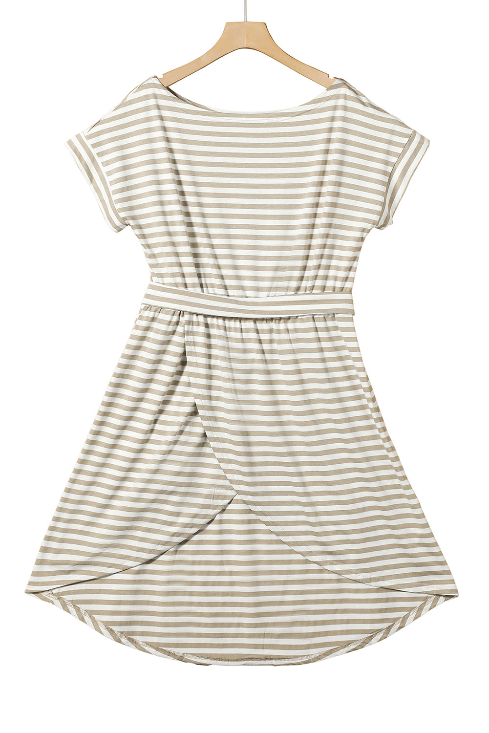 Khaki Stripe Belted Wrapped Hemline T Shirt Midi Dress