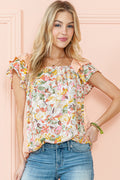 Apricot Pink Floral Patchwork Square Neck Ruffle Sleeve Blouse