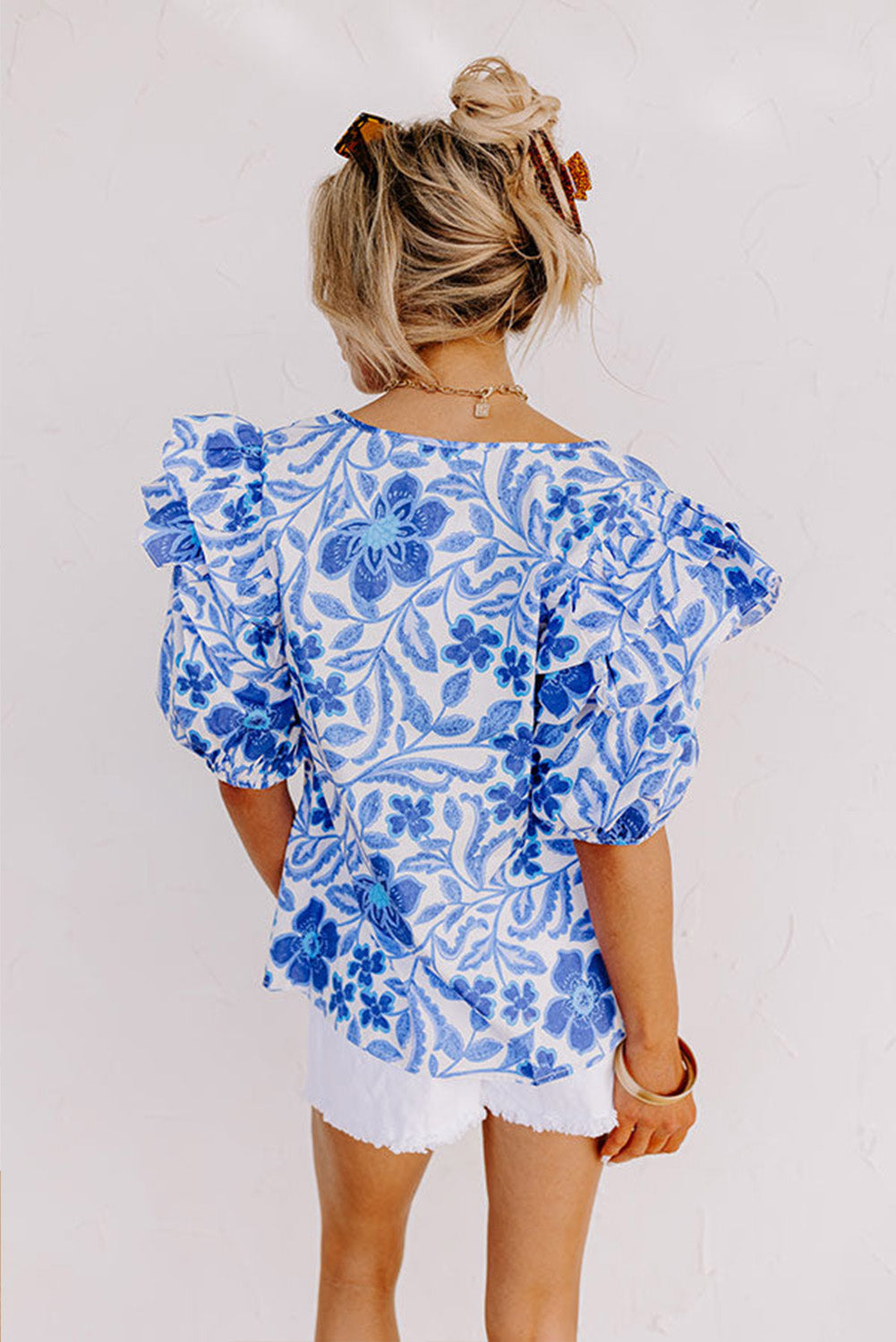 Dark Blue Floral Print Ruffled Bubble Sleeve Blouse