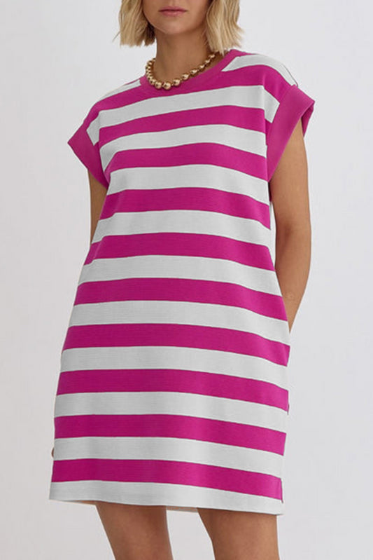 Rose Stripe Cap Sleeve Pocketed T-shirt Dress