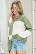 Smoke Gray Color Block Textured V Neck Long Sleeve Top