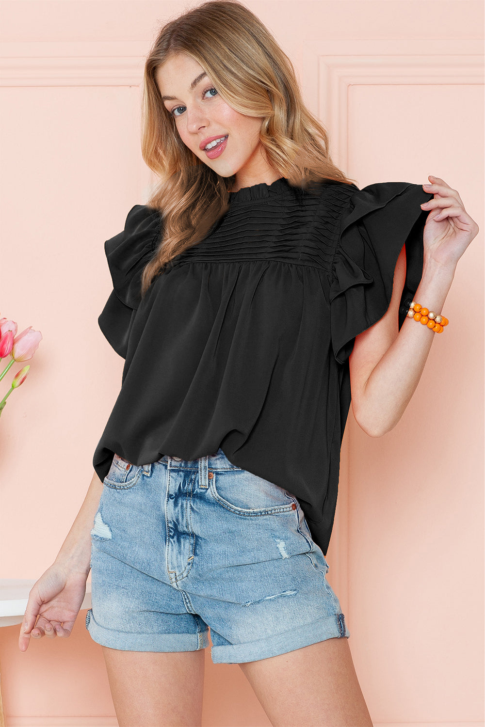 Grapefruit Orange Ruched Frilled Neck Ruffle Blouse