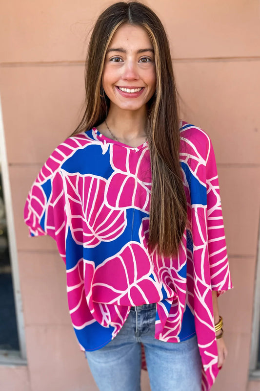 Rose Red Leaf Print V Neck Loose Blouse