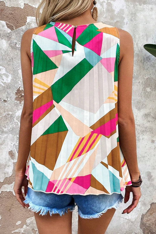 Multicolor Boho Geometric Print Keyhole Back Sleeveless Shirt