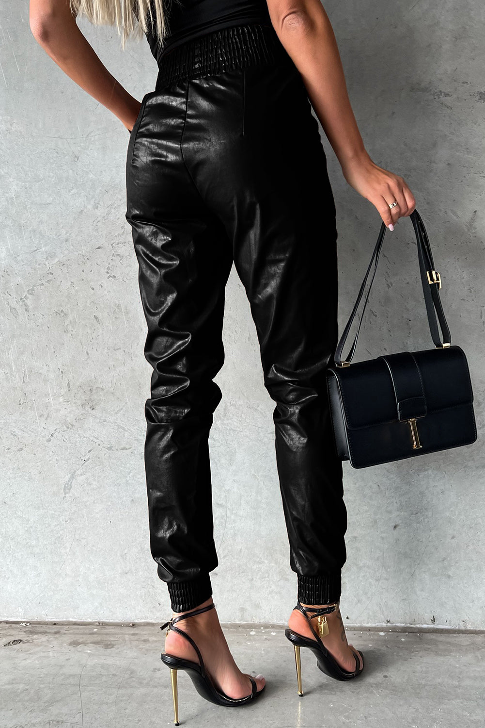 Black Smocked High Waist Leather Skinny Pants