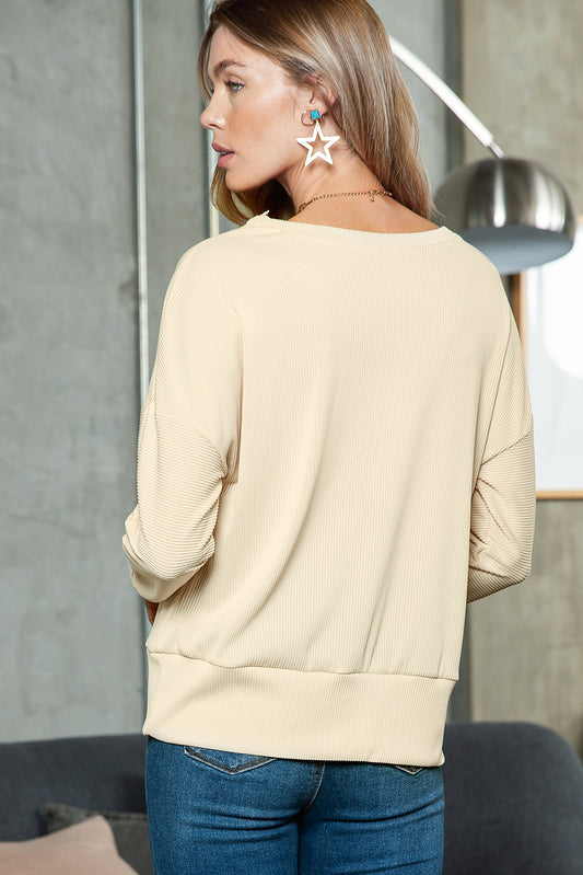 Apricot Ribbed Texture Lace Trim V Neck Long Sleeve Top