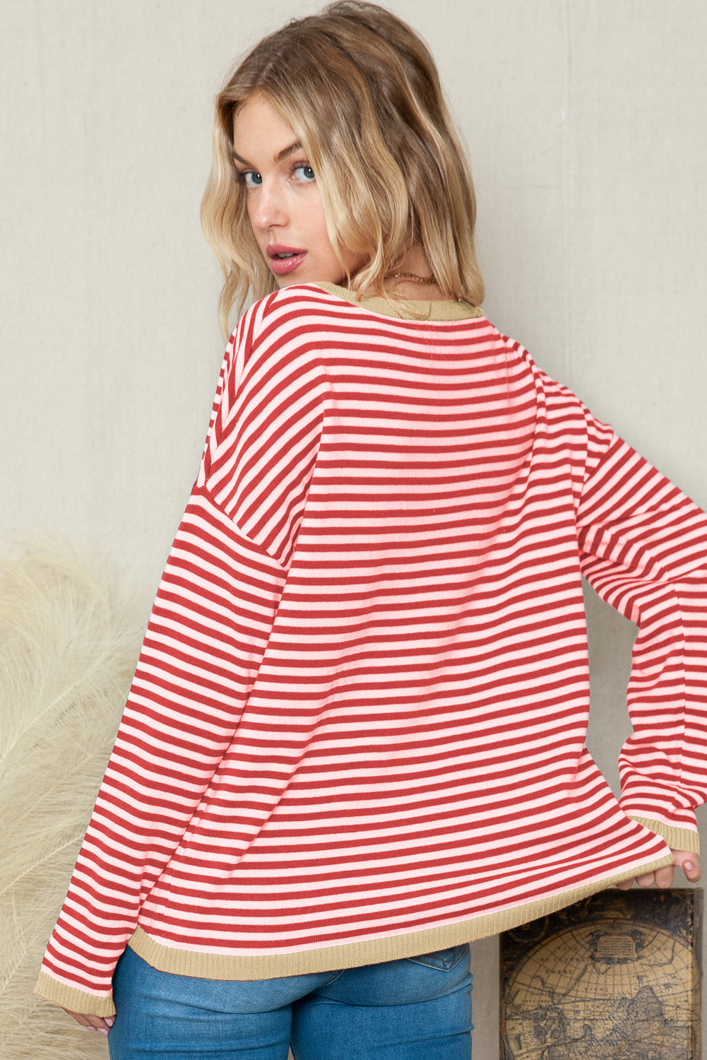 Striped Print Trim Drop Sleeve Knit Pullover Sweater