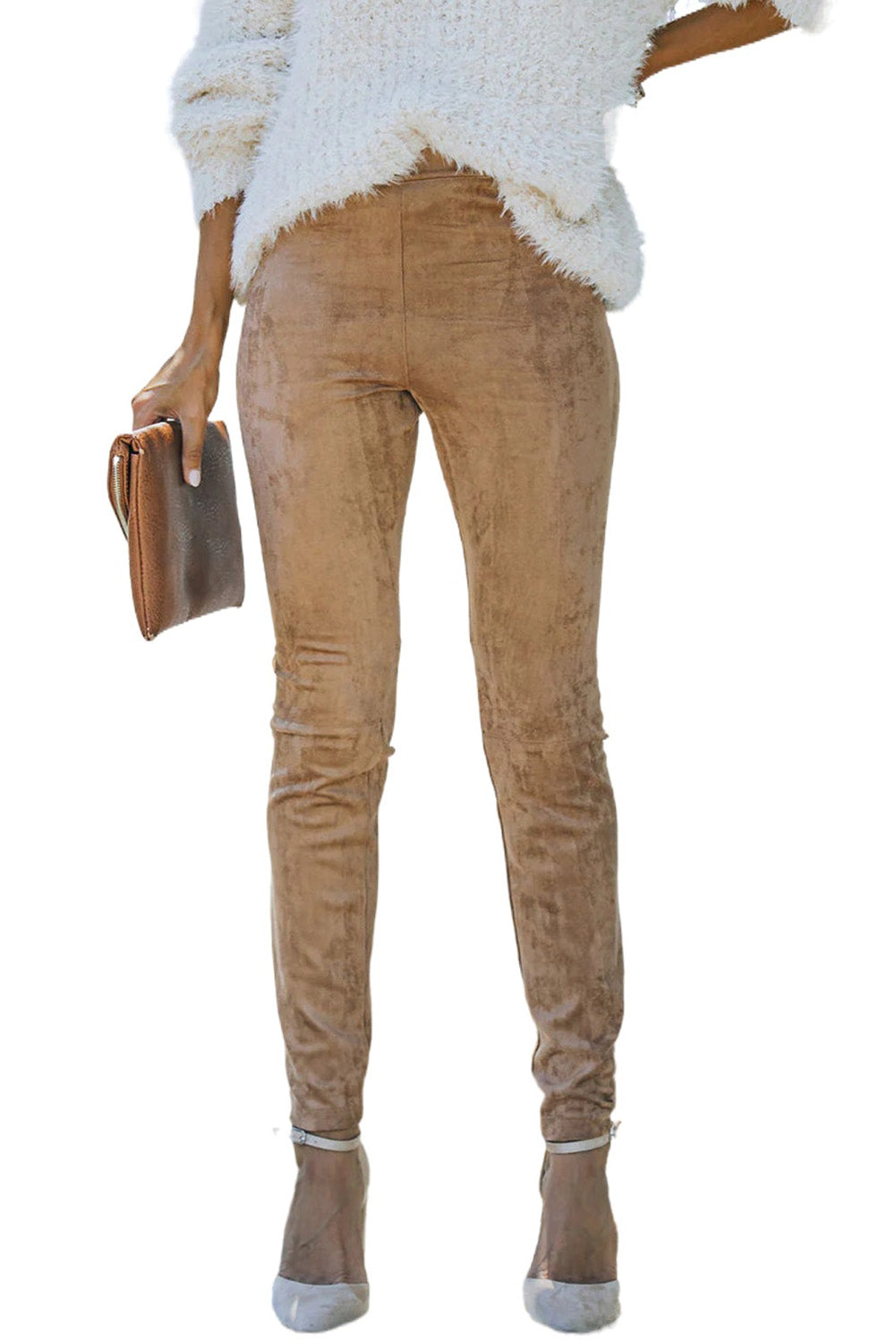 Khaki Mid Rise Faux Suede Skinny Leggings