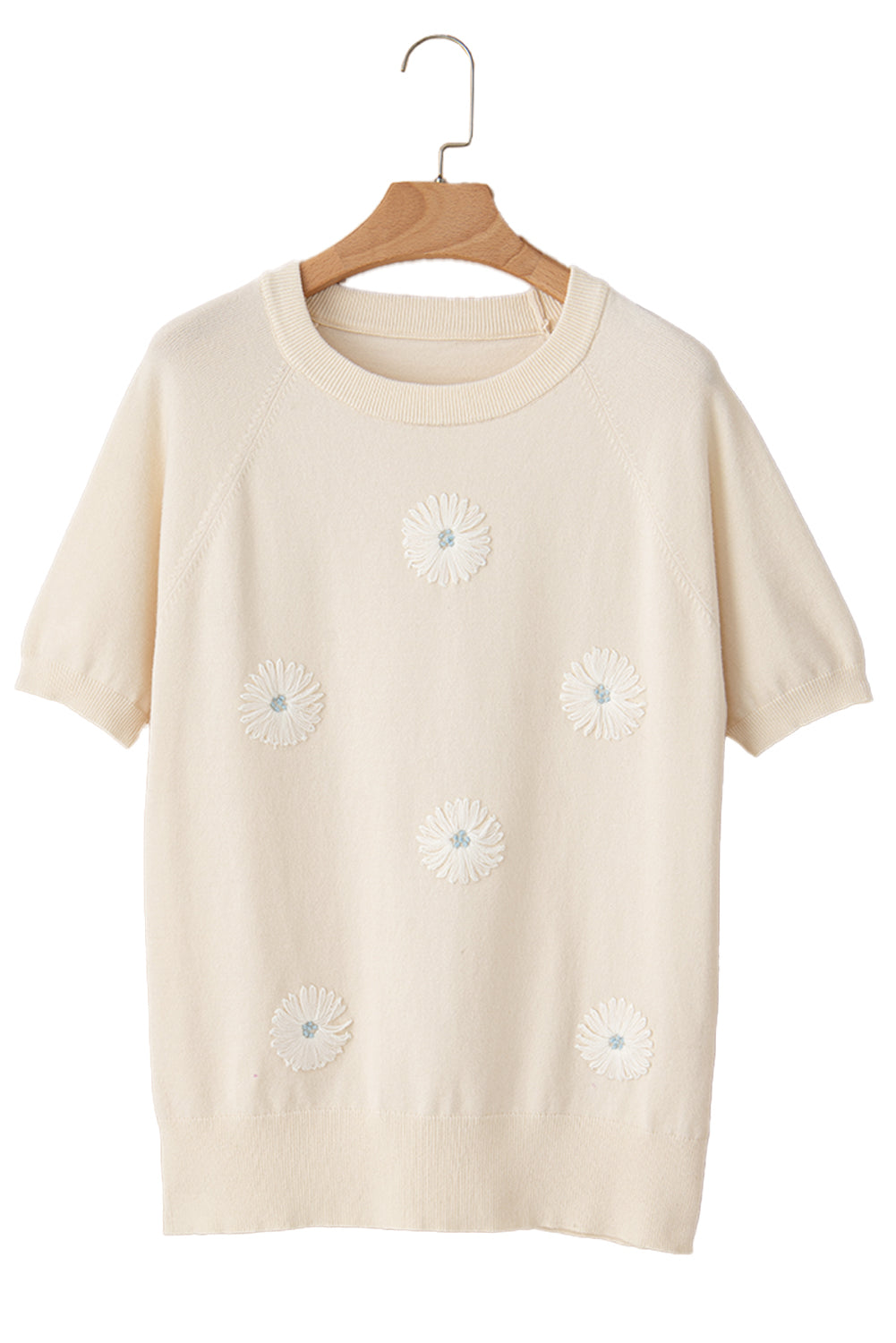 Beige Flower Pattern Puff Short Sleeve Sweater