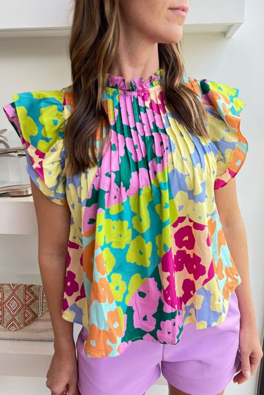 Multicolor Abstract Print Layered Ruffle Sleeve Pleated Blouse