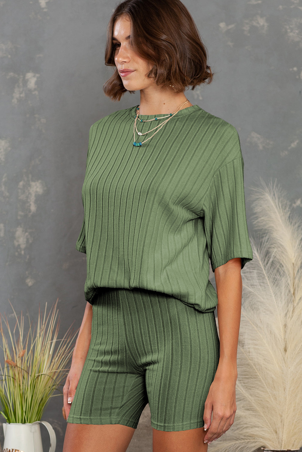 Green Ribbed Knit Drop Shoulder T Shirt & Shorts Two Piece Shorts Sets