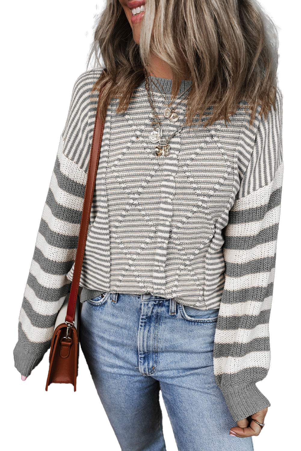 Brown Stripe Twisted Knitted Drop Shoulder Sweater