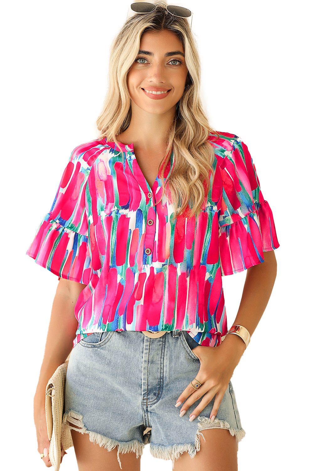 Rose Abstract Brushwork Print Buttoned V Neck Blouse