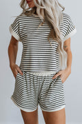 White Stripe Contrast Trim Rib Tee and Pocketed Shorts Set