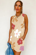 Apricot Flower Print Crew Neck Sleeveless Mini Dress