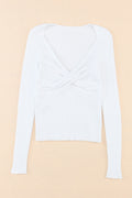 White Basic Cable Crossed V Neck Sweater