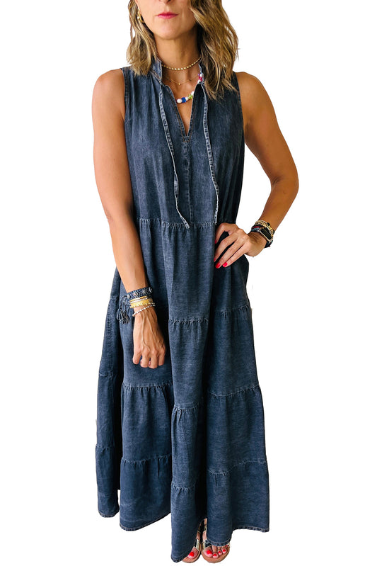 Real Teal Sleeveless Tiered Chambray Maxi Dress