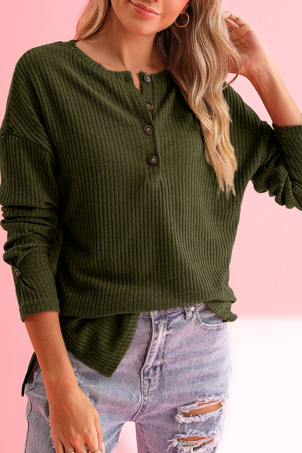 Rose Drop Shoulder Ribbed Knit Long Sleeve Henley Top