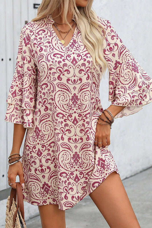 Pink Paisley Print Tiered 3/4 Sleeve Notched Neck Short Dress