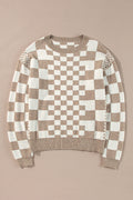 Black Checkered Drop Shoulder Round Neck Sweater