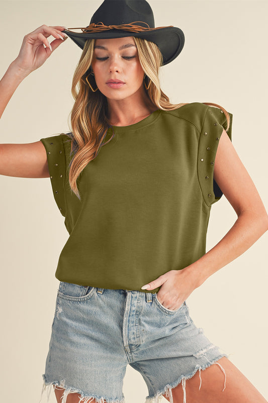 Guacamole Green Casual Rivet Round Neck T Shirt